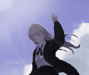 Preview wallpaper girl, jacket, pose, clouds, anime