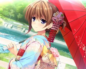 Preview wallpaper girl, japan, umbrella, kimono