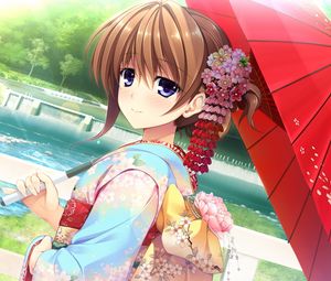 Preview wallpaper girl, japan, umbrella, kimono