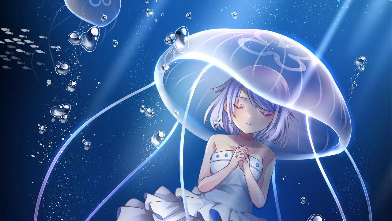 original characters, white hair, anime, anime girls, underwater, jellyfish  | 3508x2480 Wallpaper - wallhaven.cc
