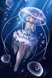 Preview wallpaper girl, jellyfish, underwater world, anime, art