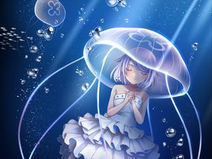 Preview wallpaper girl, jellyfish, underwater world, anime, art