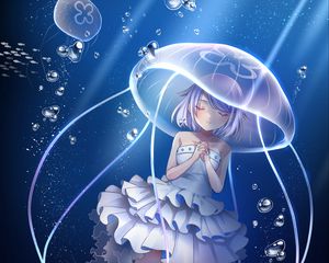 Preview wallpaper girl, jellyfish, underwater world, anime, art