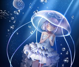 Preview wallpaper girl, jellyfish, underwater world, anime, art