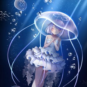 Preview wallpaper girl, jellyfish, underwater world, anime, art