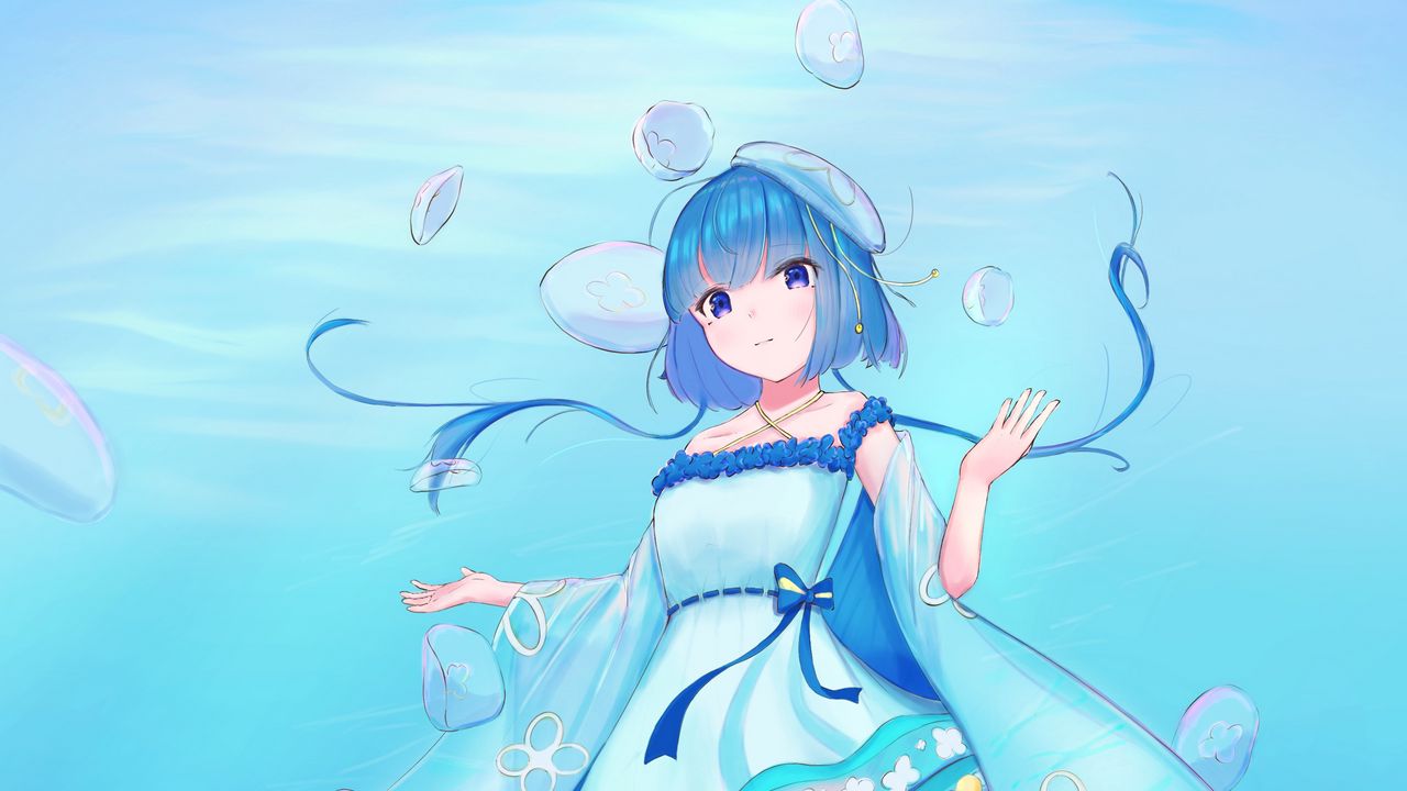 Wallpaper girl, jellyfish, water, underwater, blue, anime