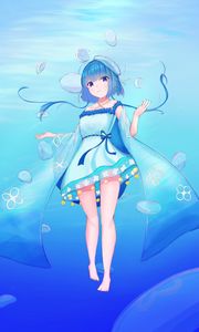 Preview wallpaper girl, jellyfish, water, underwater, blue, anime