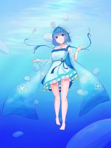 Preview wallpaper girl, jellyfish, water, underwater, blue, anime