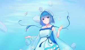 Preview wallpaper girl, jellyfish, water, underwater, blue, anime