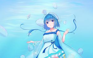 Preview wallpaper girl, jellyfish, water, underwater, blue, anime