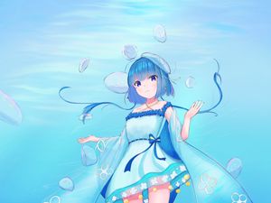 Preview wallpaper girl, jellyfish, water, underwater, blue, anime