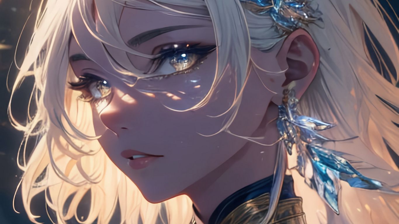 1366x768 Wallpaper girl, jewelry, armor, glow, anime