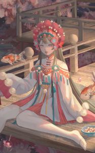 Preview wallpaper girl, jewelry, carps, fish, anime, art