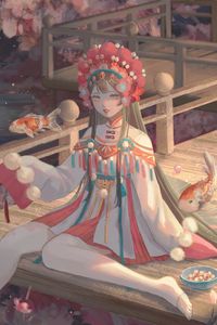 Preview wallpaper girl, jewelry, carps, fish, anime, art