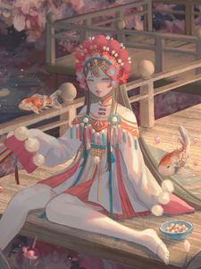 Preview wallpaper girl, jewelry, carps, fish, anime, art