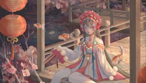 Preview wallpaper girl, jewelry, carps, fish, anime, art