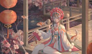 Preview wallpaper girl, jewelry, carps, fish, anime, art