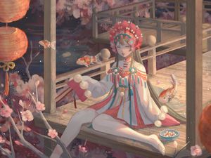 Preview wallpaper girl, jewelry, carps, fish, anime, art