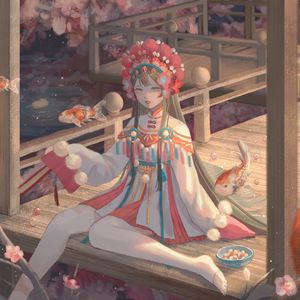 Preview wallpaper girl, jewelry, carps, fish, anime, art