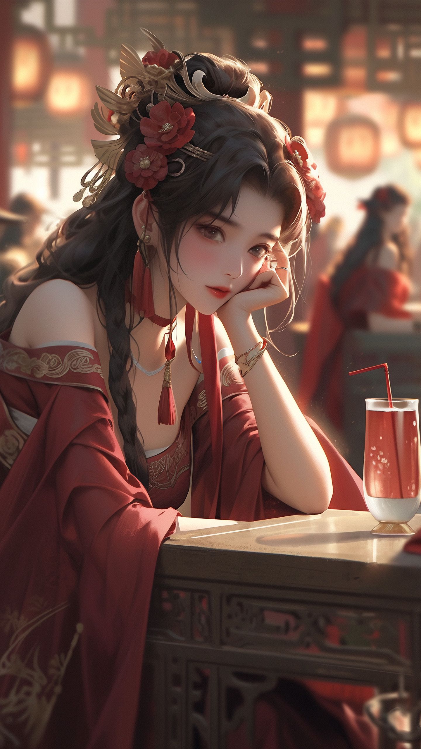 Download wallpaper 1440x2560 girl, jewelry, dress, anime, red qhd ...