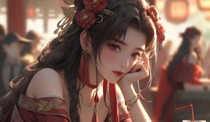 Preview wallpaper girl, jewelry, dress, anime, red