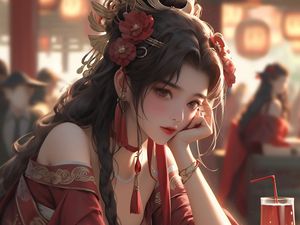Preview wallpaper girl, jewelry, dress, anime, red