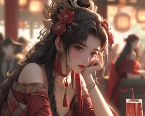 Preview wallpaper girl, jewelry, dress, anime, red