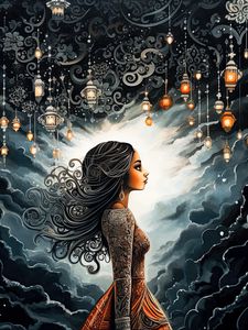 Preview wallpaper girl, jewelry, lamps, clouds, waves, art