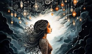 Preview wallpaper girl, jewelry, lamps, clouds, waves, art