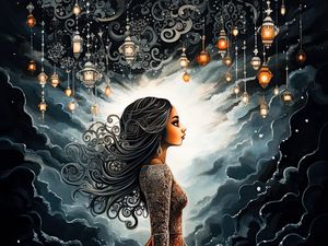 Preview wallpaper girl, jewelry, lamps, clouds, waves, art