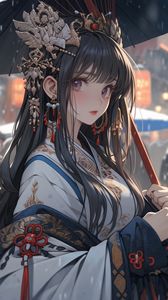 Preview wallpaper girl, jewelry, umbrella, kimono, anime, snow