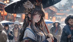 Preview wallpaper girl, jewelry, umbrella, kimono, anime, snow