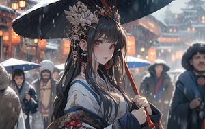 Preview wallpaper girl, jewelry, umbrella, kimono, anime, snow