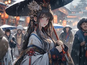 Preview wallpaper girl, jewelry, umbrella, kimono, anime, snow