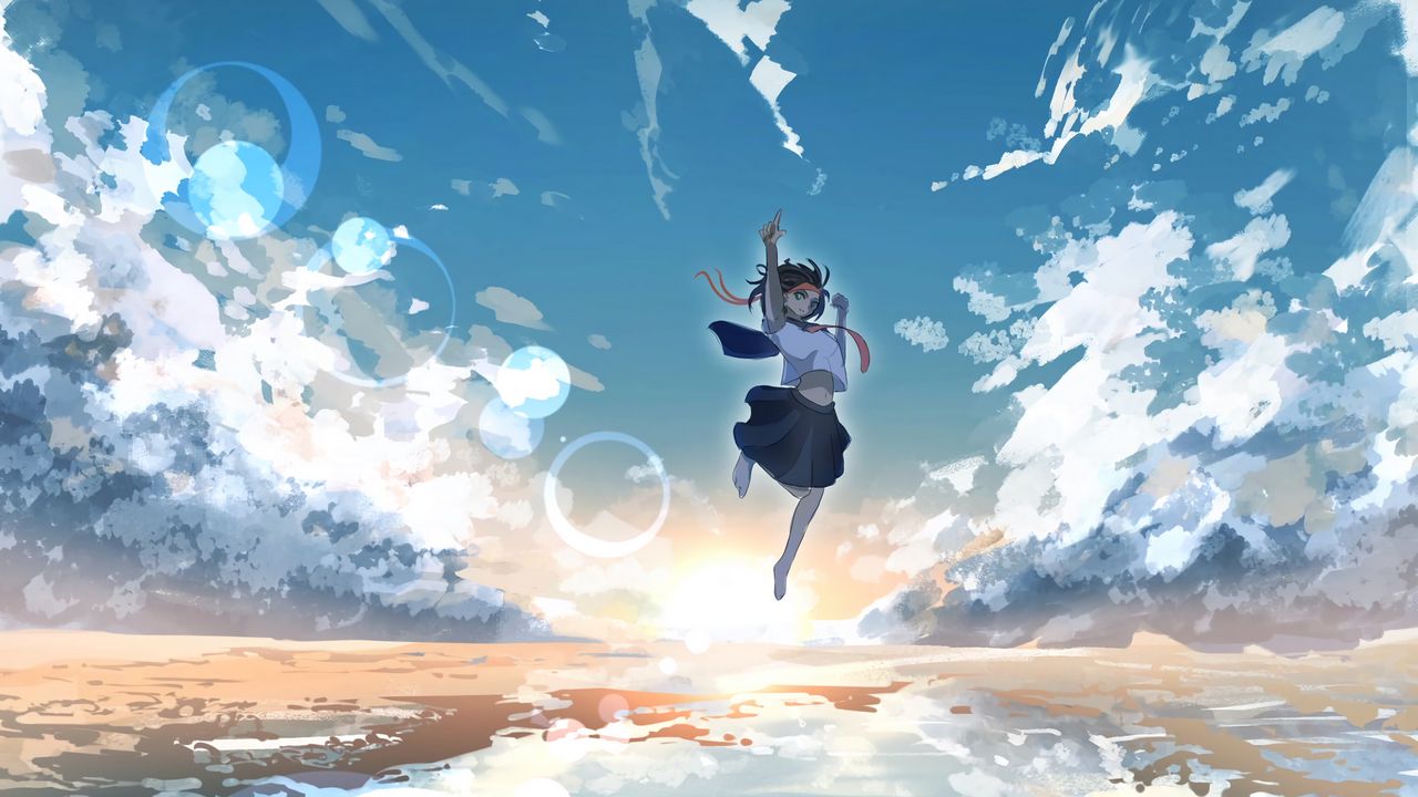 Wallpaper girl, jump, water, reflection, clouds, anime, art