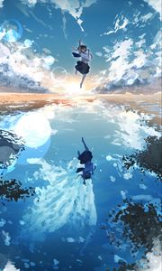 Preview wallpaper girl, jump, water, reflection, clouds, anime, art