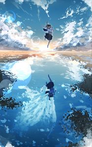 Preview wallpaper girl, jump, water, reflection, clouds, anime, art