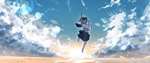 Preview wallpaper girl, jump, water, reflection, clouds, anime, art