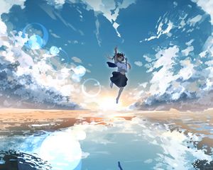 Preview wallpaper girl, jump, water, reflection, clouds, anime, art