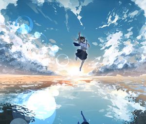 Preview wallpaper girl, jump, water, reflection, clouds, anime, art