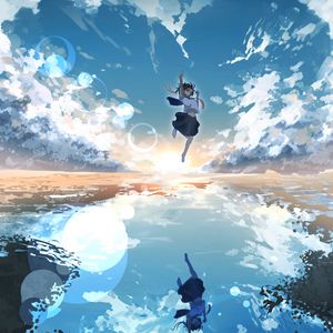 Preview wallpaper girl, jump, water, reflection, clouds, anime, art