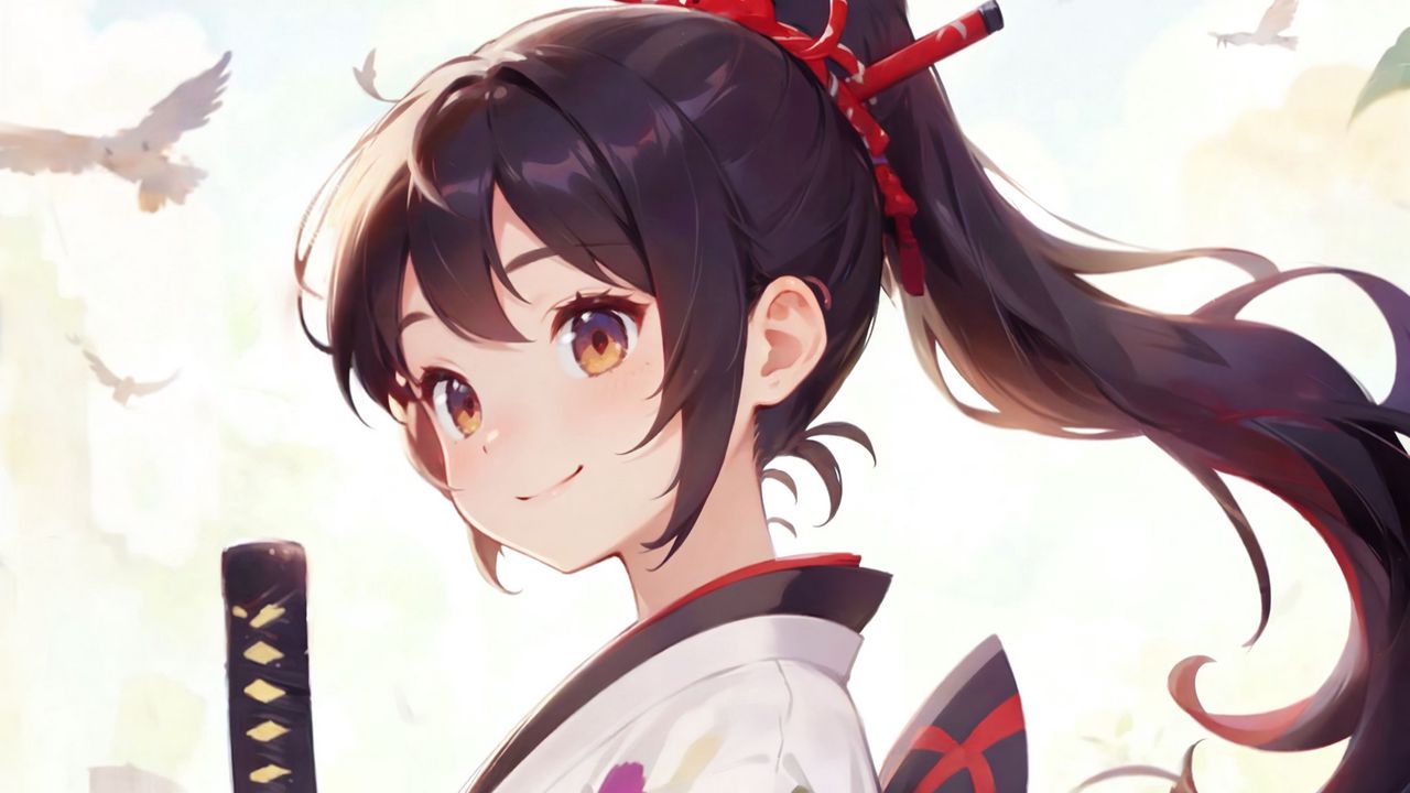 Wallpaper girl, katana, kimono, smile, anime, art