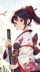 Preview wallpaper girl, katana, kimono, smile, anime, art