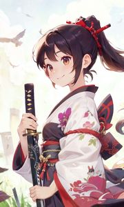 Preview wallpaper girl, katana, kimono, smile, anime, art