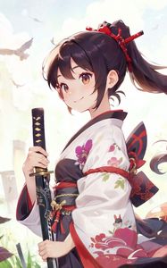 Preview wallpaper girl, katana, kimono, smile, anime, art