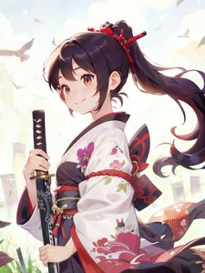 Preview wallpaper girl, katana, kimono, smile, anime, art