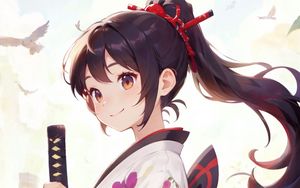 Preview wallpaper girl, katana, kimono, smile, anime, art