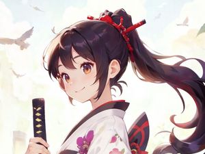 Preview wallpaper girl, katana, kimono, smile, anime, art