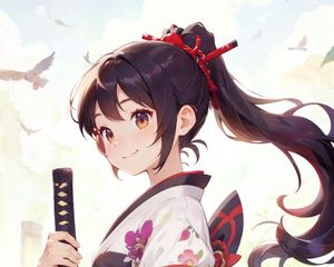 Preview wallpaper girl, katana, kimono, smile, anime, art