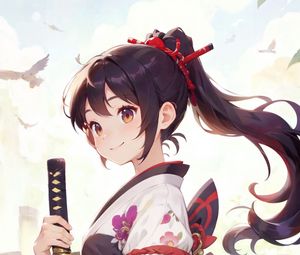 Preview wallpaper girl, katana, kimono, smile, anime, art